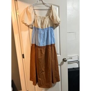 ENGLISH FACTORY Tiered Maxi Dress Puff Sleeve Square Neck Colorblock L